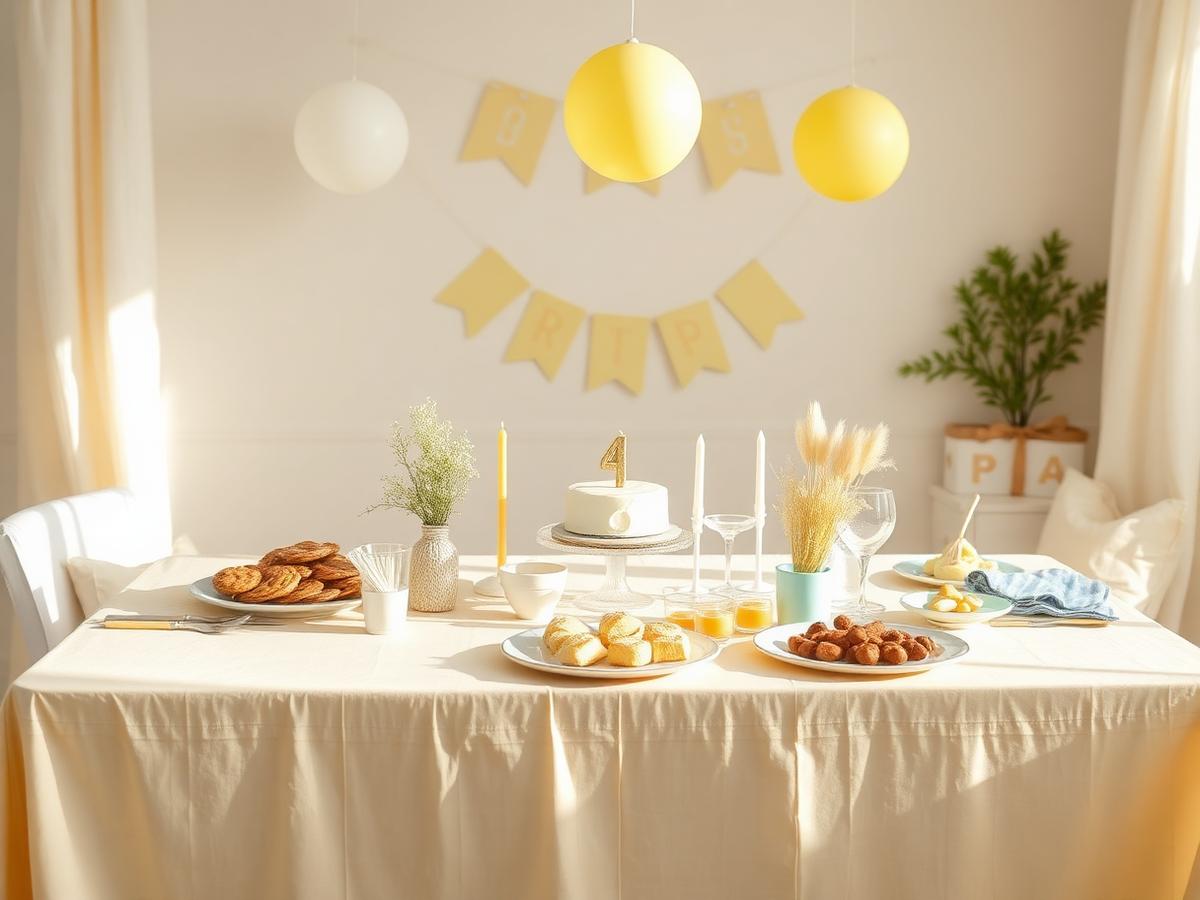 A cheerful birthday party table set with plates and treats