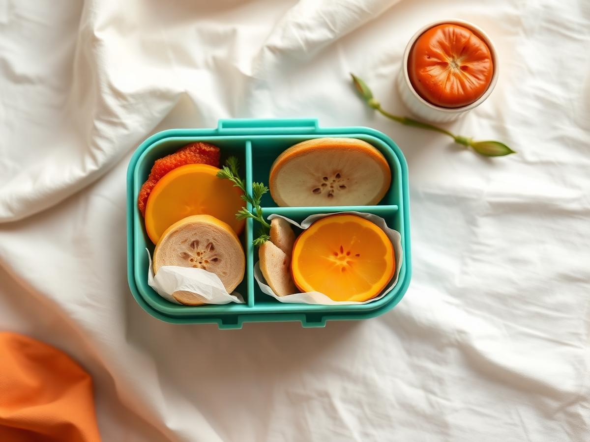 A packed school lunch in a bento box on a kitchen counter
